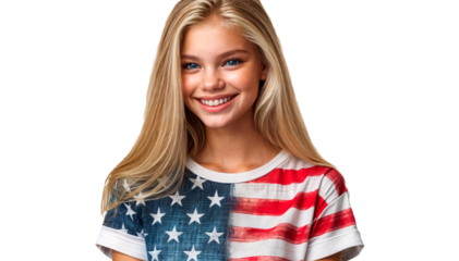 Young woman in American flag t-shirt, studio, smiling, representing patriotism and national pride. Ideal for Fourth of July, American businesses, marketing campaigns, and social media. Premium PNG 