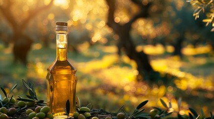 Bottle Of Olive Oil In An Olive Grove At Sunset