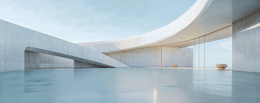 Empty minimal abstract architecture building interior or exterior concrete design open space floor courtyard white showcase area and curved walls museum, display showroom mockup environment background