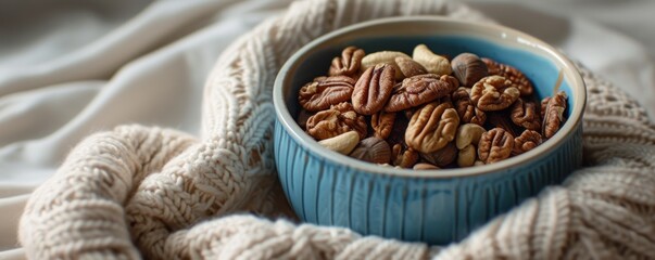 Obraz premium Mixed nuts in a blue bowl on a cozy sweater, warm home decor concept