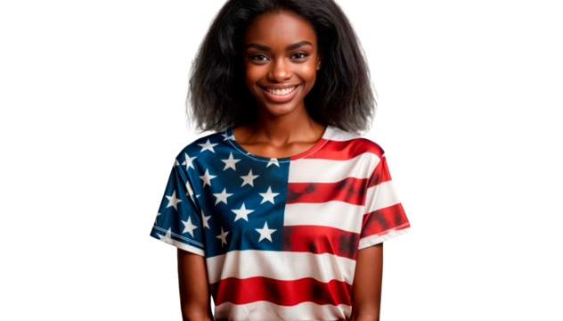 Smiling woman in an American flag t-shirt on a transparent background. Ideal for 4th of July celebrations, patriotic events, and marketing campaigns.

