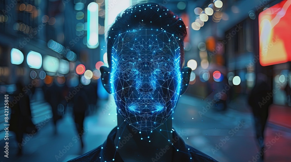 Poster a man walks through a bustling city at night, his face overlaid with a digital mesh, representing fa