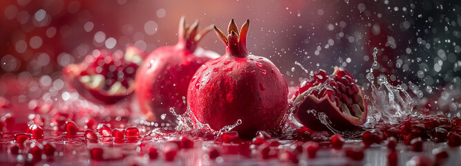 Pomegranates are floating and splashing in water against a red background