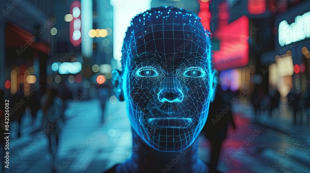 Aufkleber a digital face, constructed from a wireframe grid, emerges from the bustling backdrop of a city at n