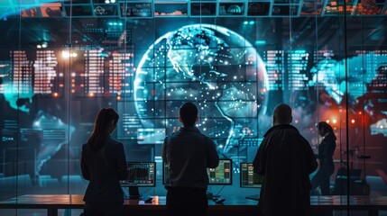 Global Cybersecurity Guardians Team of Experts Monitoring Network Operations Center with Holographic Globe Display