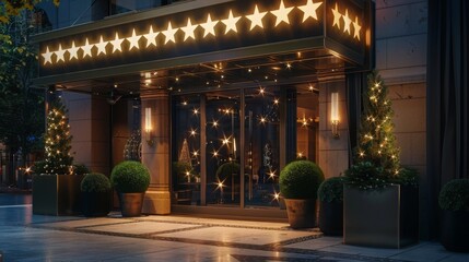 A nighttime view of a hotel entrance decorated with lights and greenery. The building is illuminated with warm lighting, creating a festive atmosphere. - Powered by Adobe