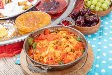 Traditional Turkish Breakfast Table (Serpme Kahvalti). Traditional Turkish village breakfast with...