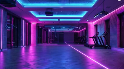 A modern gym interior with pink and blue neon lights illuminating the space.