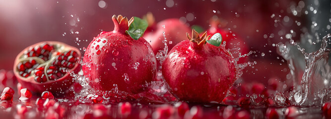 Pomegranates are floating and splashing in water against a red background