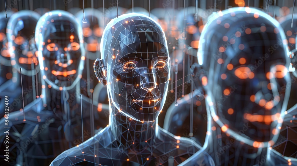 Aufkleber an illustration of a facial recognition system concept featuring wireframe faces in a digital enviro