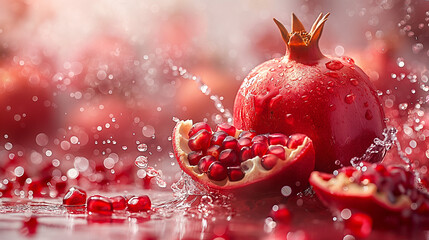 Pomegranates are floating and splashing in water against a red background
