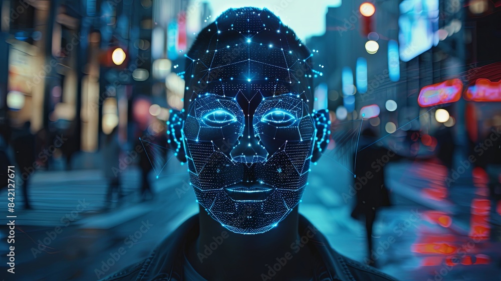 Poster a persons face is digitally scanned in a busy urban setting, illuminated by bright neon lights. gene