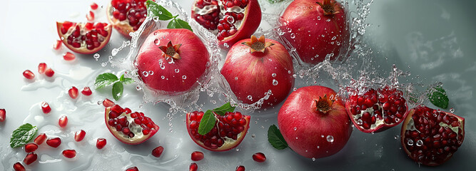 Pomegranates are floating and splashing in water against a red background