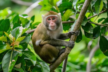 Fototapeta premium Reddish brown primate with expressive eyes perched on tree branch in lush environment