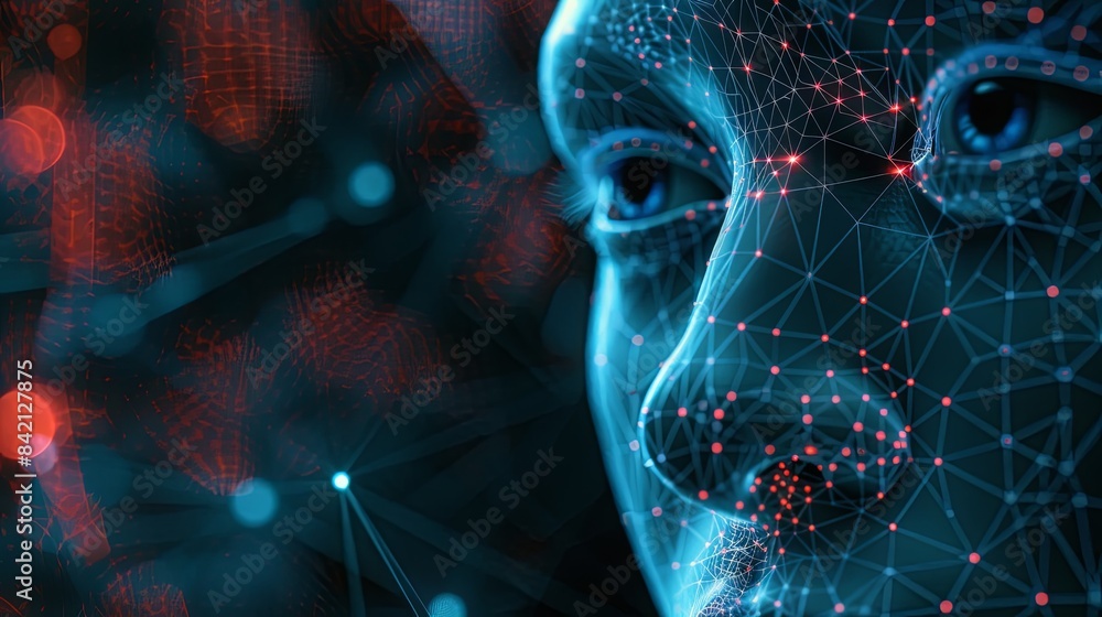 Aufkleber a close-up of a digital face, rendered in a web of blue lines and glowing red nodes, against a dark 