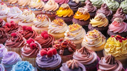 A variety of colorful cupcakes background. An assortment of delicious cupcakes arranged on a platter.