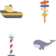 Set of four colorful icons representing travel and marine life, including a ship, signpost, lighthouse, and whale