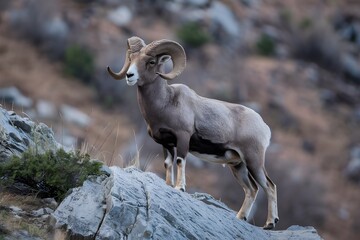 Naklejka premium Majestic bighorn sheep with curled horns standing on rocky outcrop in mountainous terrain