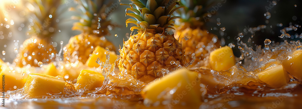 Wall mural pineapple slices are falling into a glass of water, creating a splash - Wall murals