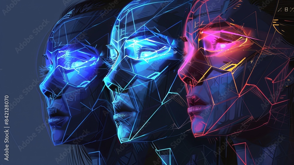 Poster a futuristic abstract image of three faces with neon outlines, representing the concept of facial re