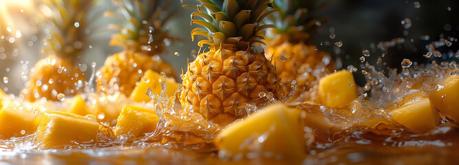 Pineapple slices are falling into a glass of water, creating a splash