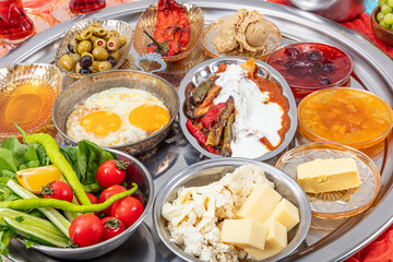 Traditional Turkish Breakfast Table (Serpme Kahvalti). Traditional Turkish village breakfast with...