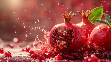 Pomegranates are floating and splashing in water against a red background