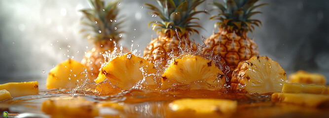 Pineapple slices are falling into a glass of water, creating a splash
