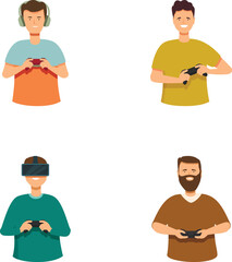 Four male characters holding game controllers, showcasing diverse gaming styles and equipment