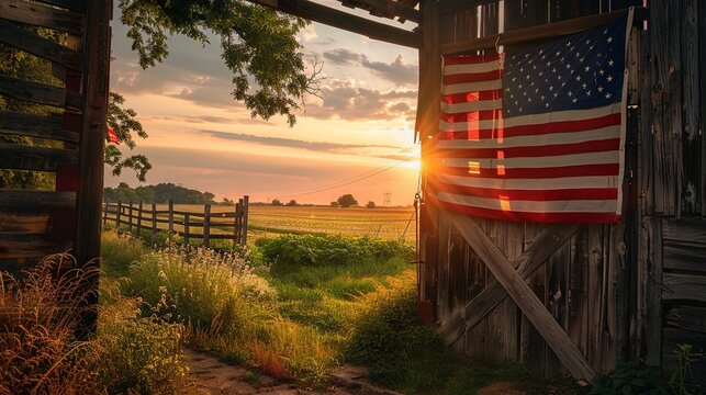 American flag on a rustic barn in rural America, heartland, countryside, tradition, simplicity, rustic charm, 