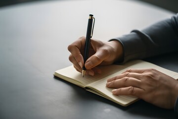 Closeup of hands writing in notebook on flat surface, pen creating focused ambiance