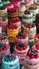 A variety of colorful cupcakes background. An assortment of delicious cupcakes arranged on a platter.