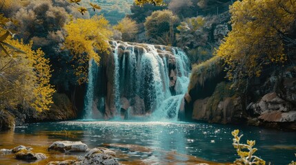 Beautiful waterfall on the plain. Mountain valley waterfall. view of waterfall in green valley