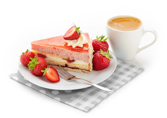 A piece of cake with strawberry souffle, fresh strawberries and a cup of coffee on a gray napkin. Isolate on a white background