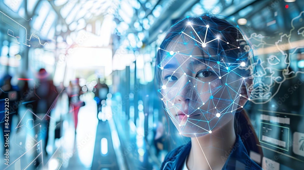 Poster A womans face is scanned by a facial recognition system in a busy cityscape. Generative AI