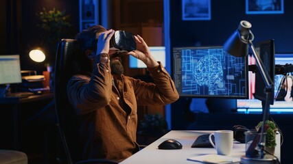 Computer scientist wearing VR glasses panicking after AI gains omniscience, throwing goggles and...