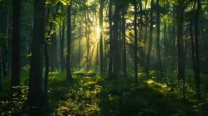 Obraz premium Golden Sunlight Through Forest Trees