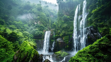 Beautiful waterfall on the plain. Mountain valley waterfall. view of waterfall in green valley