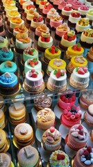A variety of colorful cupcakes background. An assortment of delicious cupcakes arranged on a platter.
