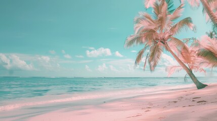 Obraz premium Gentle color tones invite a sense of calm on this beautiful summer beach background, complete with vacation-ready palm trees