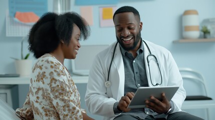 In a modern medical office, a friendly doctor consults and smiles, providing professional healthcare support for the patients wellbeing, creating a positive interaction and a trusted environment