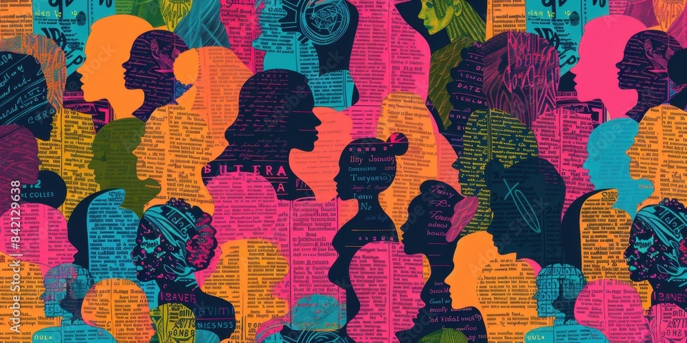 Poster pattern with colorful silhouettes of people in profile, their faces filled with joy and surprise, ba
