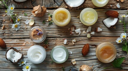 Nourishing Natural Lip Balms Organic Ingredients on Rustic Wood Background