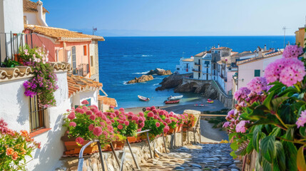 Beautiful walkway in small city by the sea, old houses and flowers in Spanish town in summer. Theme of travel, vacation, beach, Spain, mediterranean resort,