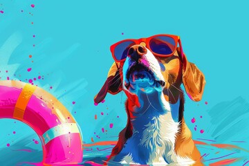 A vibrant illustration of a dog wearing sunglasses reflects a fun, carefree summer spirit, with lively colors and a playful background suggesting vacation