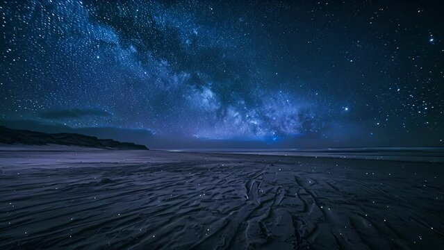 The soft powdery sand of the starlit beach provides a perfect canvas for the dancing lights of the stars above.