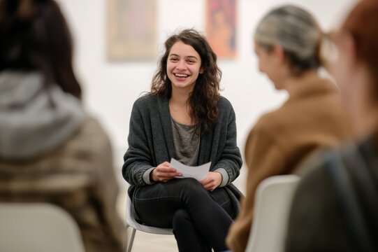 A smiling woman engages in a group discussion at a contemporary art gallery, interacting cheerfully with fellow art enthusiasts, discussing artwork and collaborating in a comfortable setting - Powered by Adobe