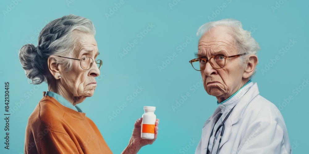 Sticker Ugly evil old woman doctor furious with the patient on blue background. holding a bottle of pills in his hands.