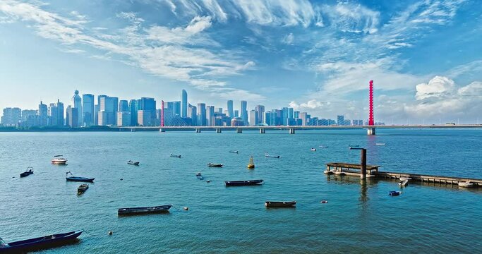 City skyline and river natural scenery in Hangzhou, modern city scenery