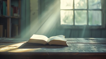 Open book on wooden table in sunlight, spacious room concept